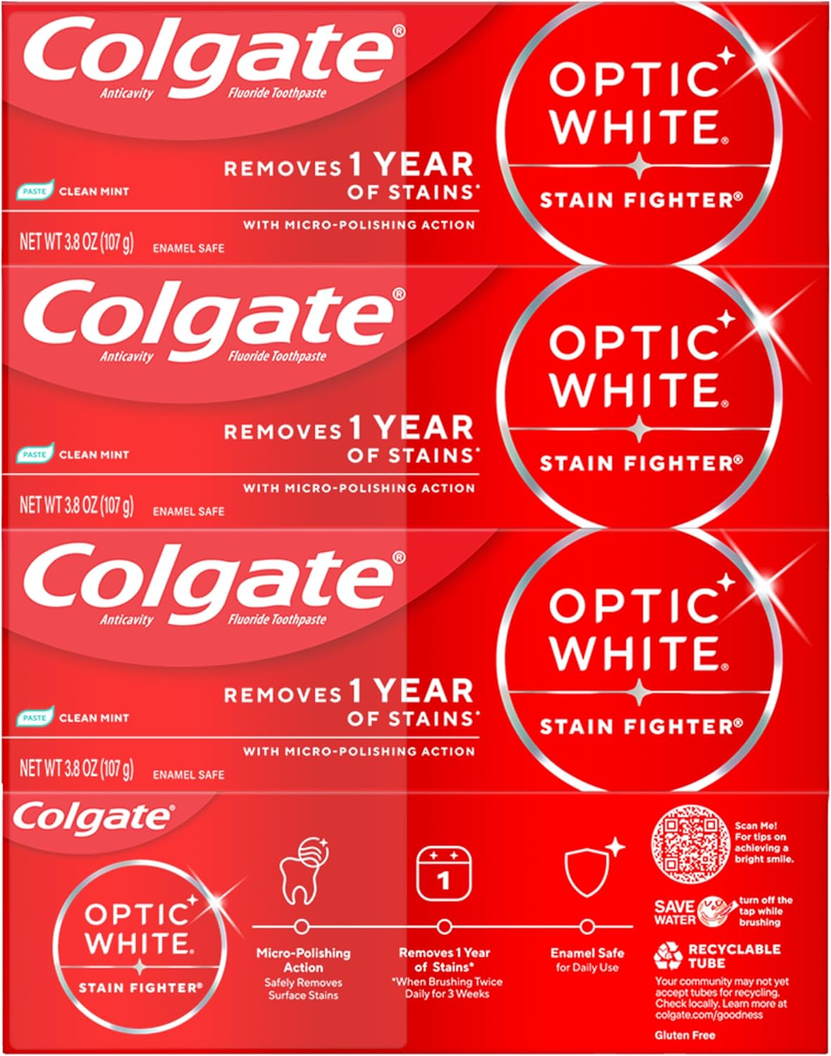 Colgate Optic White Stain Fighter Whitening Toothpaste, Mint, 4 Pack, 3.8oz