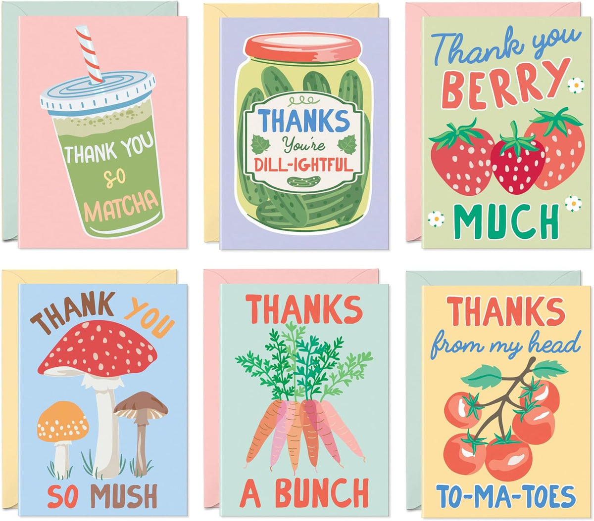Sweetzer & Orange S&O Funny Thank You Cards – 24 Punny Blank Cards with Envelopes – 6 Cute Card Design – 4x5.5 Appreciation Note Cards – Glossy Outside, Matte Inside – Pink, Green & Yellow Envelopes