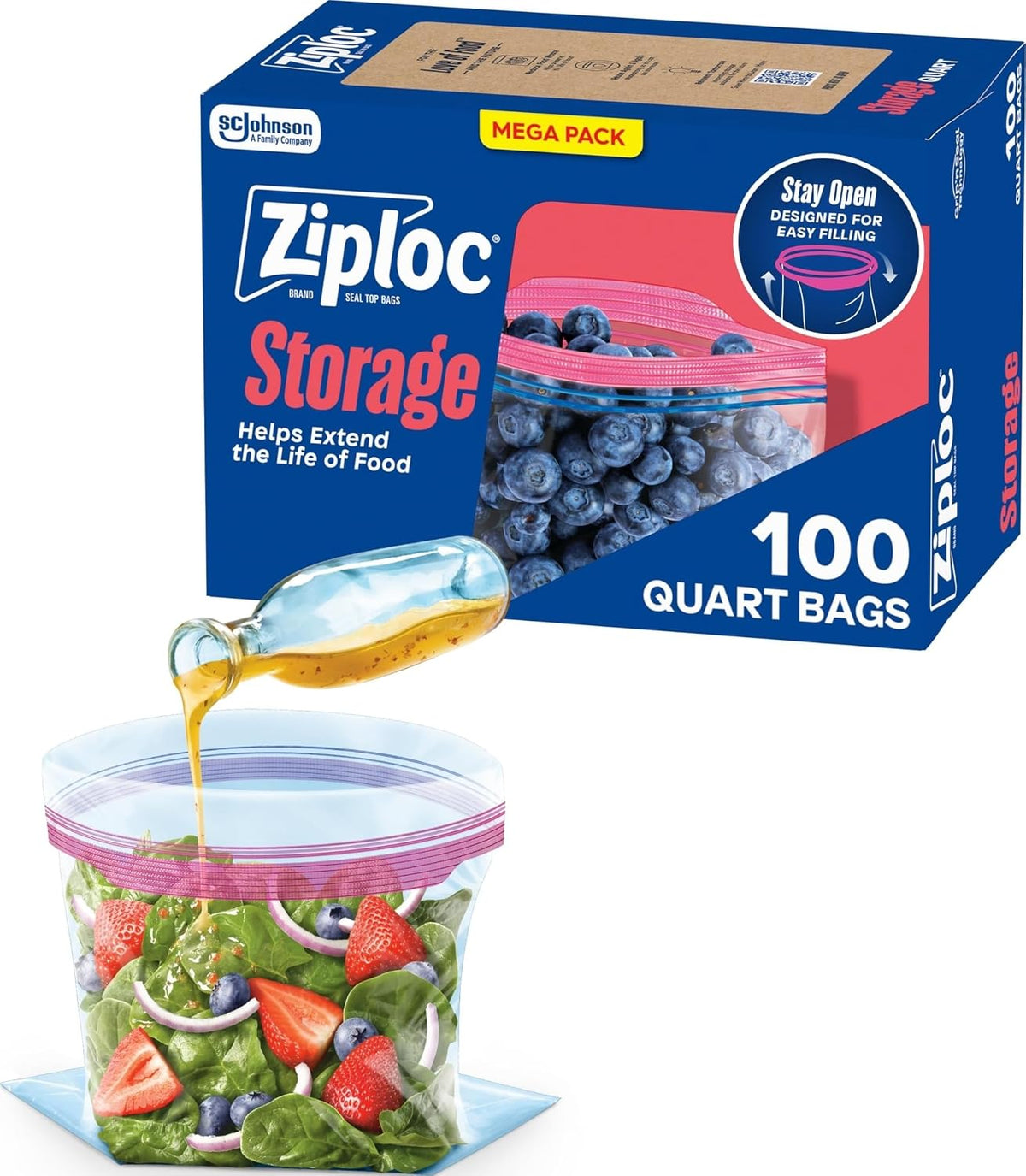 Ziploc Quart Food Storage Bags, Stand-Up Bottom, 100 Count