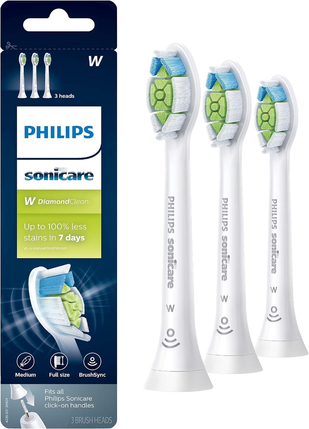 Philips Sonicare W DiamondClean Brush Heads, 3-Pack, 9 Month Supply, White
