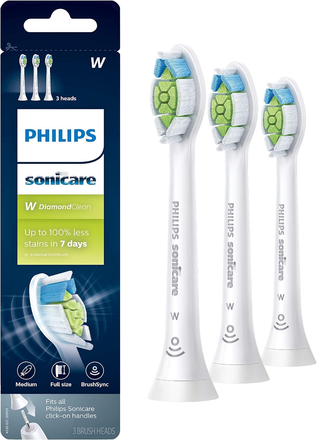 Philips Sonicare W DiamondClean Brush Heads, 3-Pack, 9 Month Supply, White