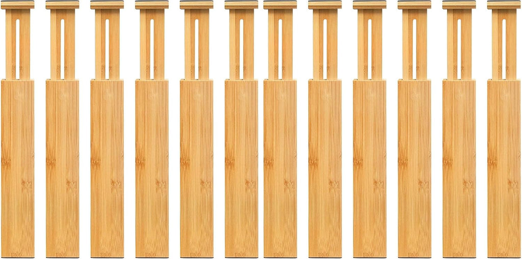 VaeFae 6-Pack Adjustable Bamboo Drawer Dividers, Expandable Drawer Organizer for Kitchen Utensils, Clothes, Bathroom, Office – Fits Drawer Interiors 16.6" to 21.8"