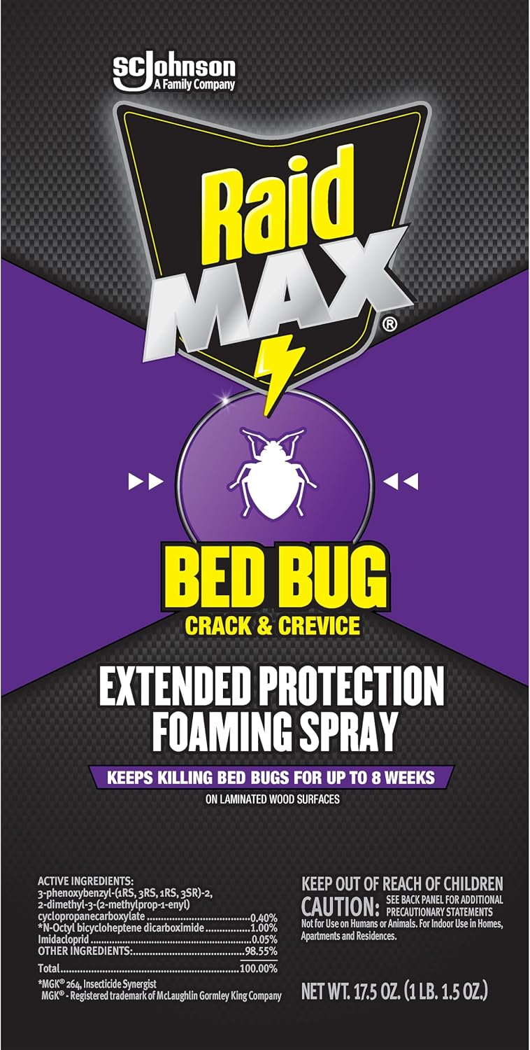 Raid MAX Bed Bug Crack & Crevice Extended Protection Foaming Spray, Kills Bed Bugs for up to 8 weeks on Laminated Woods and Surfaces, 17.5 oz