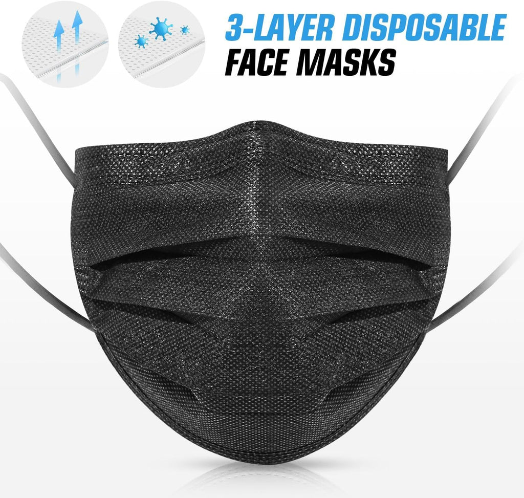 50 PCS Black Disposable Face Masks 3-Ply Filter Earloop Mouth Cover, Face Mask