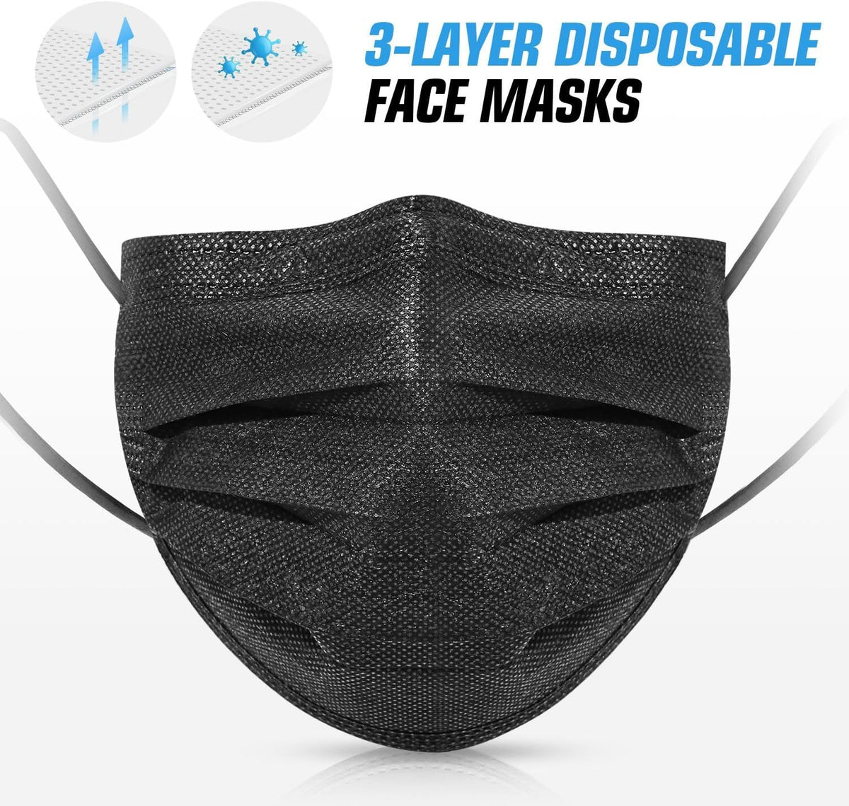 50 PCS Black Disposable Face Masks 3-Ply Filter Earloop Mouth Cover, Face Mask