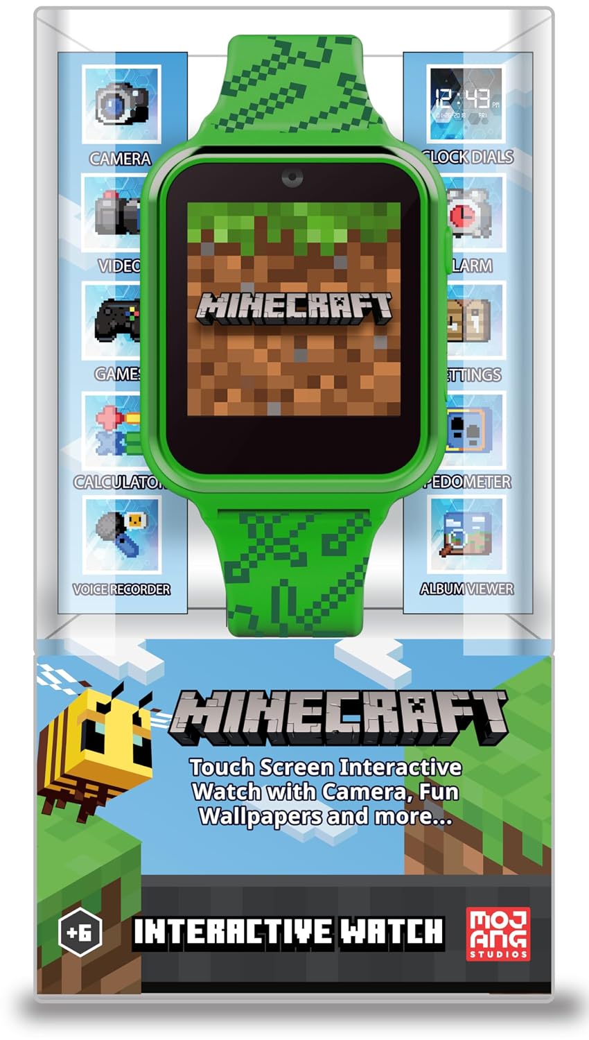 Minecraft Kids Smart Watch – Touchscreen Interactive Watch with 10 Customizable Clock Faces, Built-in Camera, Video Recorder, Alarm, Calculator, Games & Pedometer – Fits Wrists 5.5" to 8"