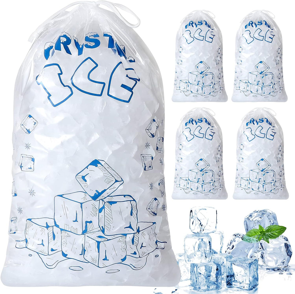 Ice Bags 8 lb with Drawstring, 50 Count Ice Bag for Ice Machine, Heavy-Duty Reusable Ice Cube Bags, Portable Storage and Freezer Keeper
