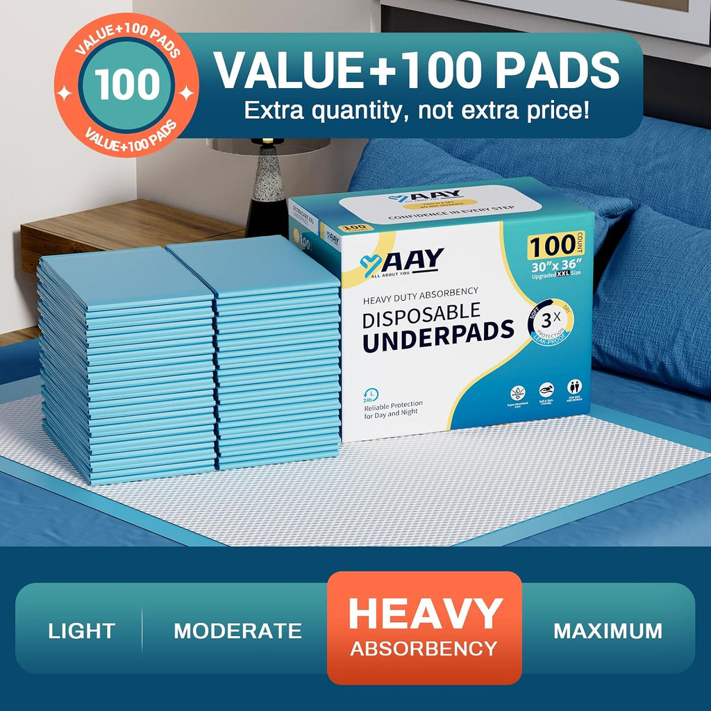 AAY Bed Pads Disposable 30" x 36" 100 Count, Chucks for Adult, Puppy