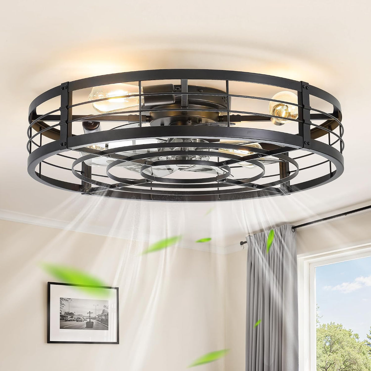LEDIARY 20" Caged Low Profile Ceiling Fan with Light and Remote Black Gold