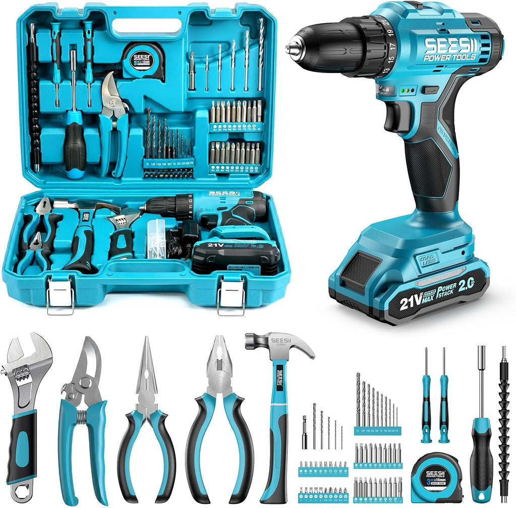 Seesii 21V Power Drill Set, 190Pcs Tool Kit with Toolbox for Home DIY