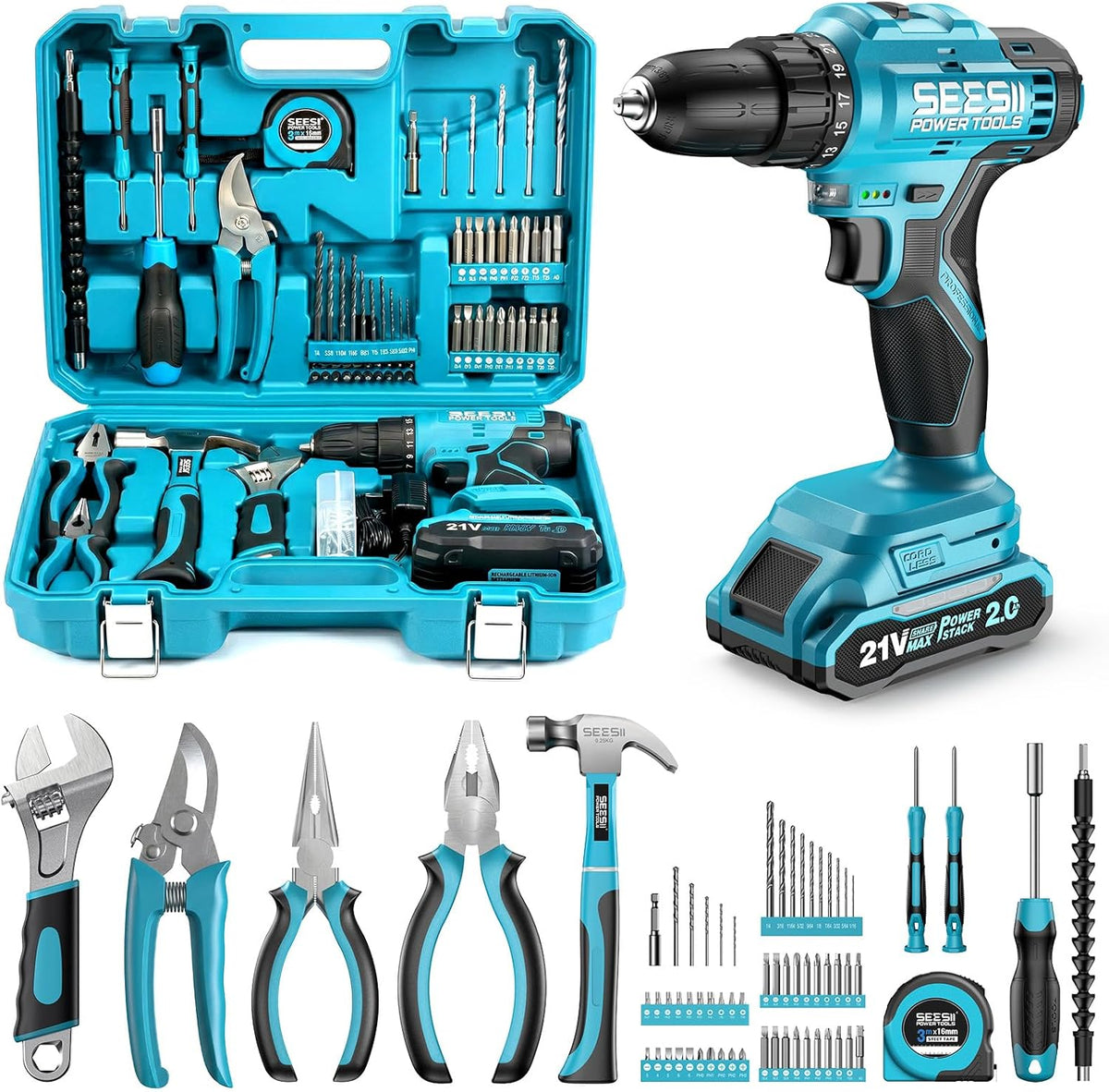 Seesii 21V Power Drill Set, 190Pcs Tool Kit with Toolbox for Home DIY