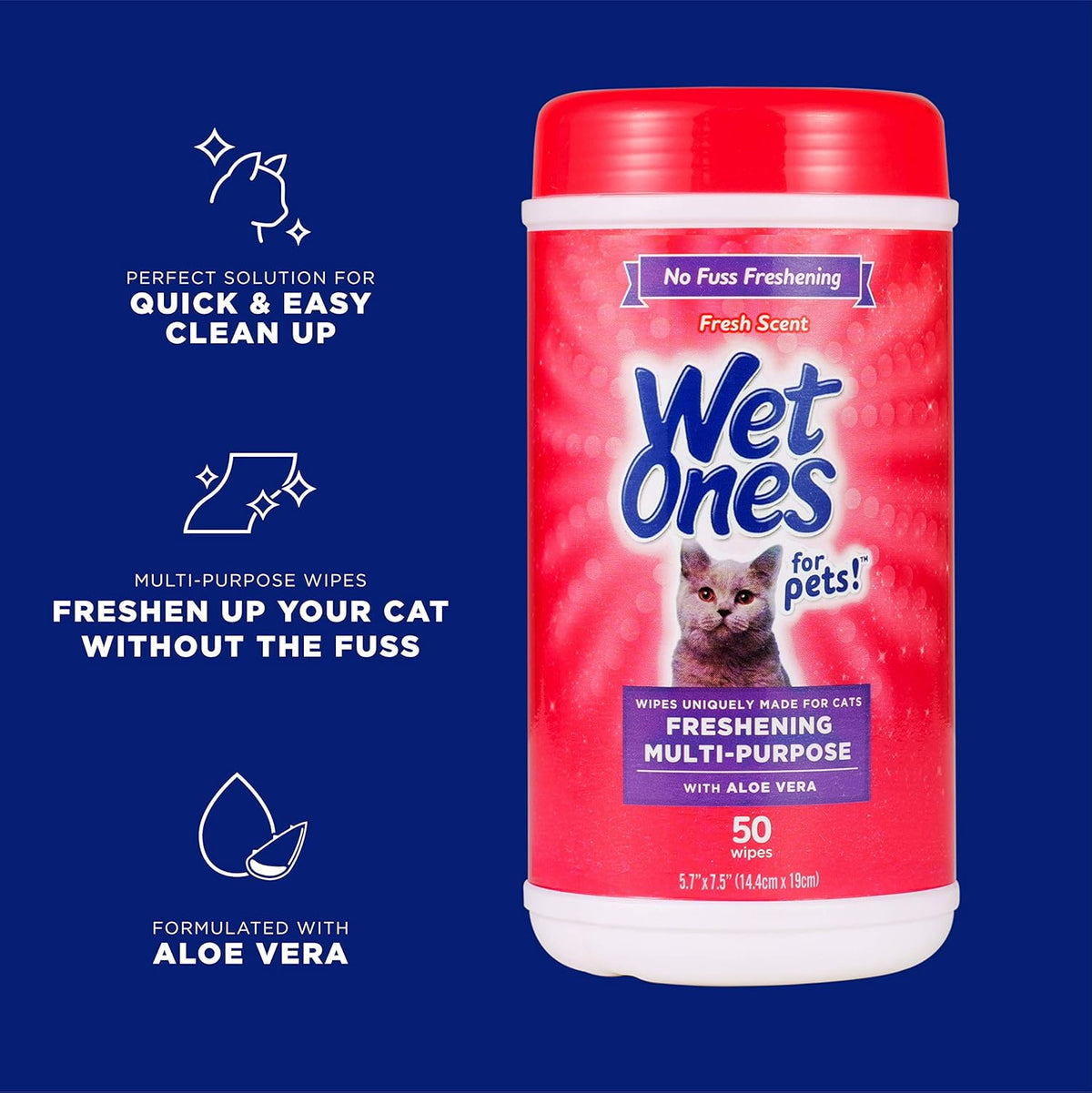 Wet Ones for Cats Freshening Wipes with Aloe Vera, Fresh Scent, 50 Count