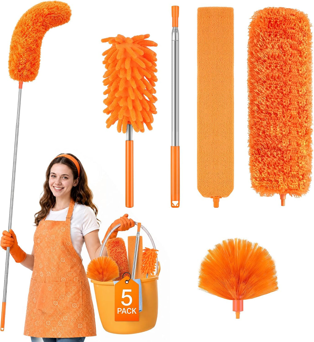 Cobweb Duster with Extension Pole, Pole5-Piece Spider Web Brush with Pole Kit, 100" Telescoping Microfiber Feather Dusters for Cleaning, Bendable Washable Dusters for High Ceilings, Ceiling Fans