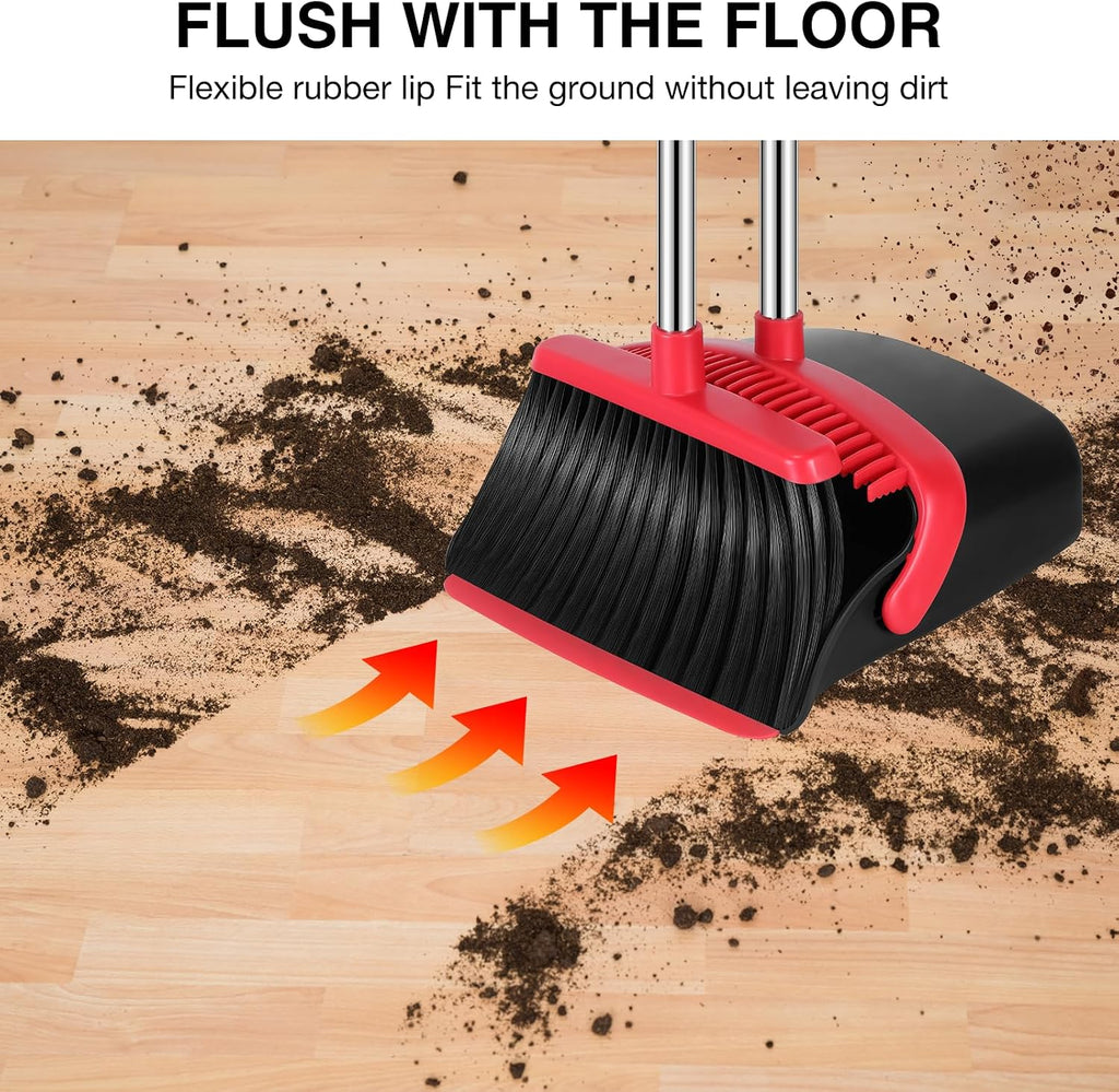 NACENA Broom and Dustpan Set, 52-in Long Adjustable Handle Broom Dustpan Combo with Dustpan Teeth to Automatically Clean Hair Suitable for Home Kitchen Office Hall Floor (Black&Red), 2 Pack