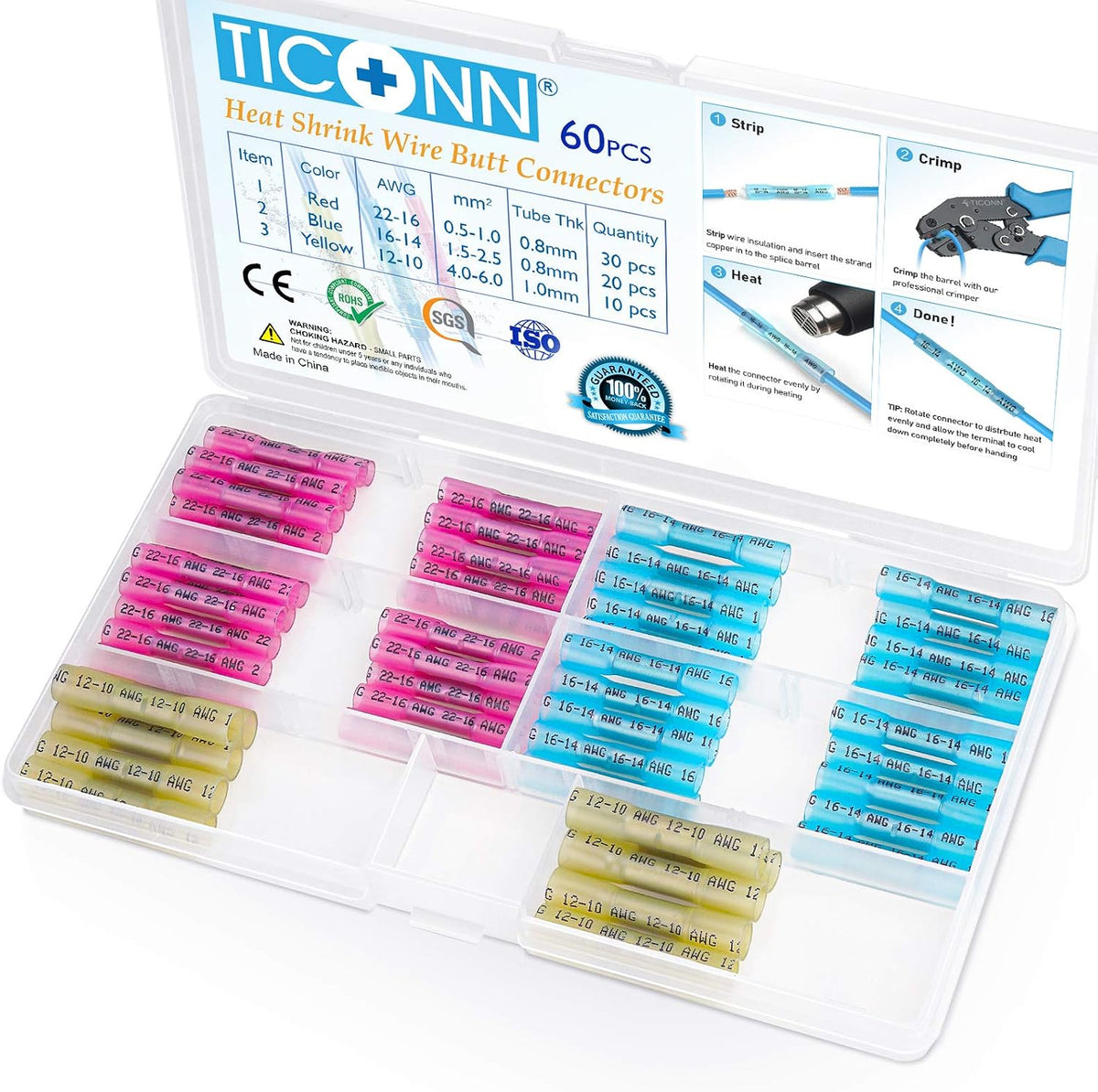 TICONN 100PCS Heat Shrink Butt Connectors, Crimp Wire Connectors Kit