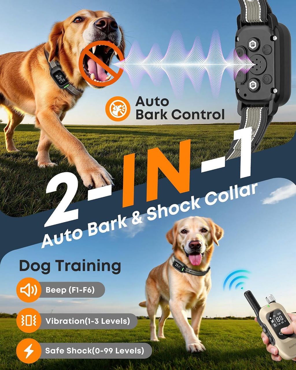 2-in-1 Dog Bark & Shock Collar with Remote, 4500FT Training Range | Combines Bark Control & Training Modes, IPX8 Waterproof, LED Light, Rechargeable, Fits 10-100lbs Small, Medium & Large Dogs