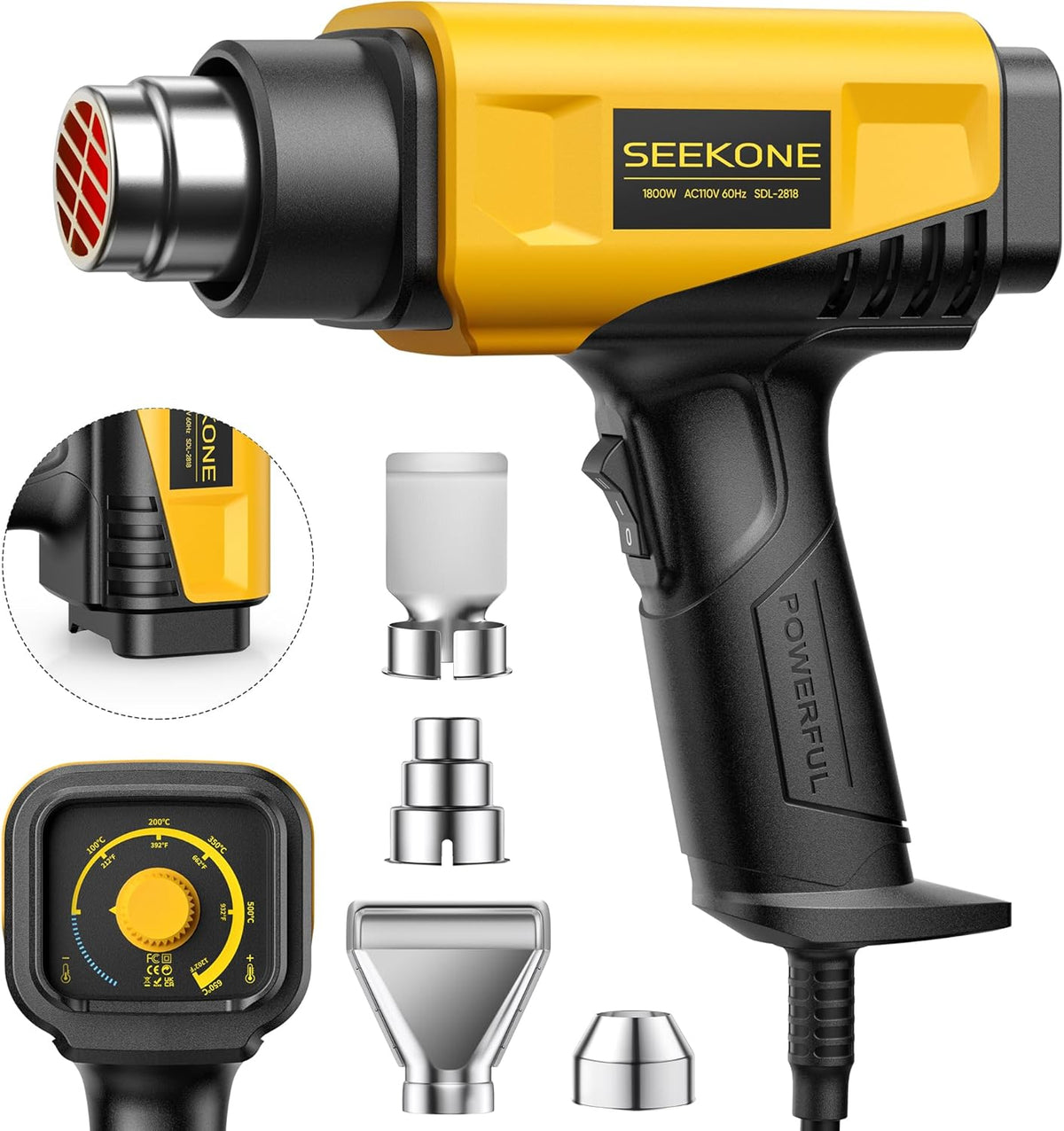 SEEKONE 1800W Compact Heat Gun 122℉-1202℉ Variable Temp for Crafting