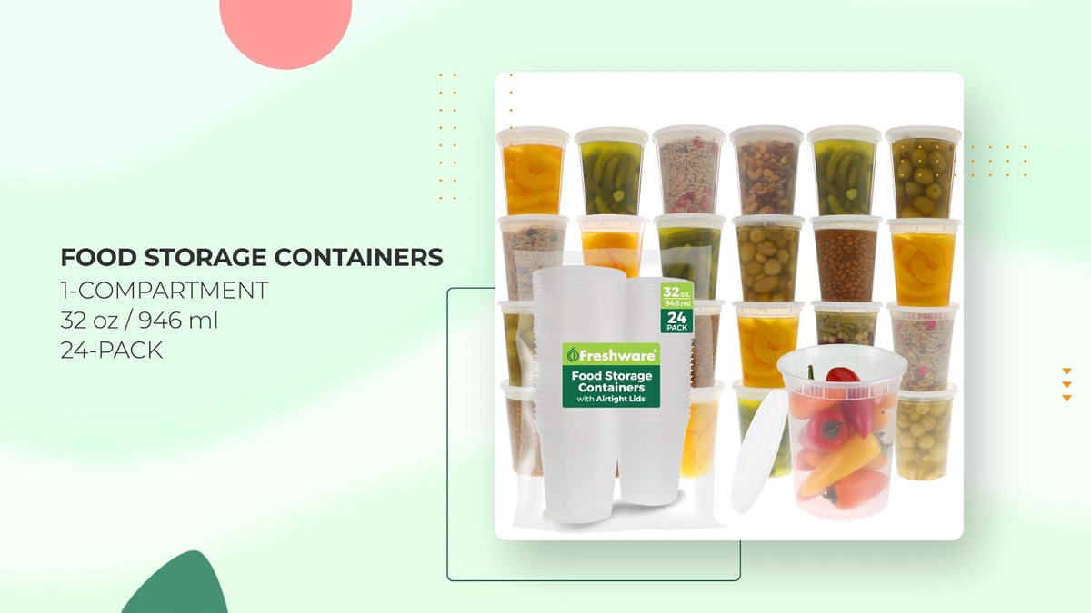 Freshware Food Storage Containers [24 Set] 32 oz Plastic Deli Containers with Lids, Slime, Soup, Meal Prep Containers | BPA Free | Stackable | Leakproof | Microwave/Dishwasher/Freezer Safe