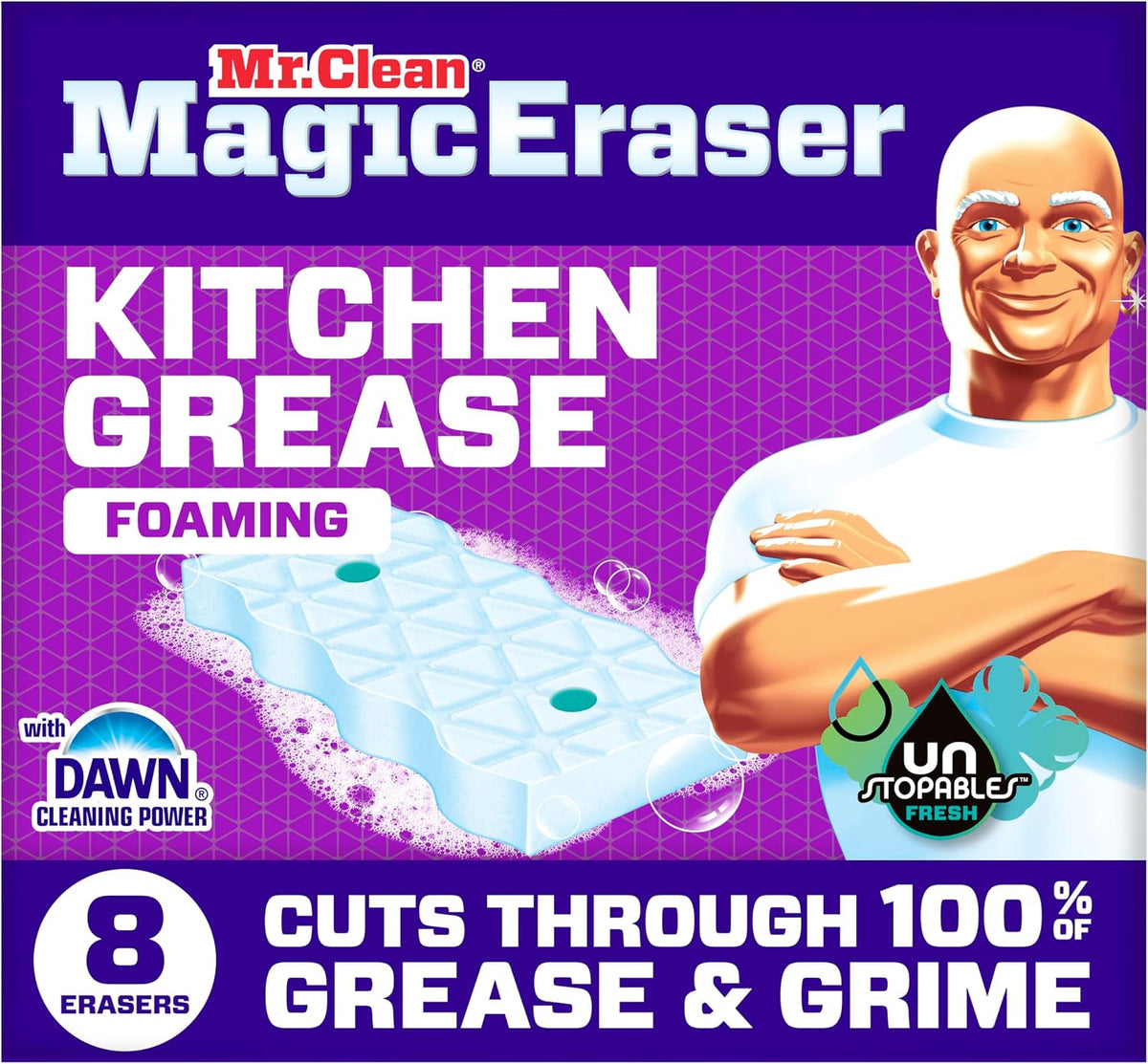 Mr. Clean Magic Eraser Foaming Sponge, Kitchen Grease Eraser, Dawn Cleaning Power, Oven Cleaner, Unstopables Fresh, 6ct