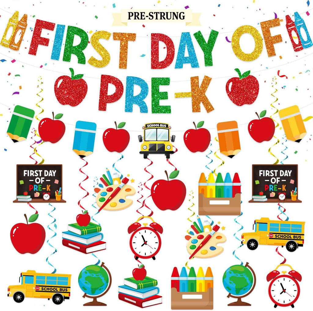 First Day of School Decorations, Banner with Swirls and Garland