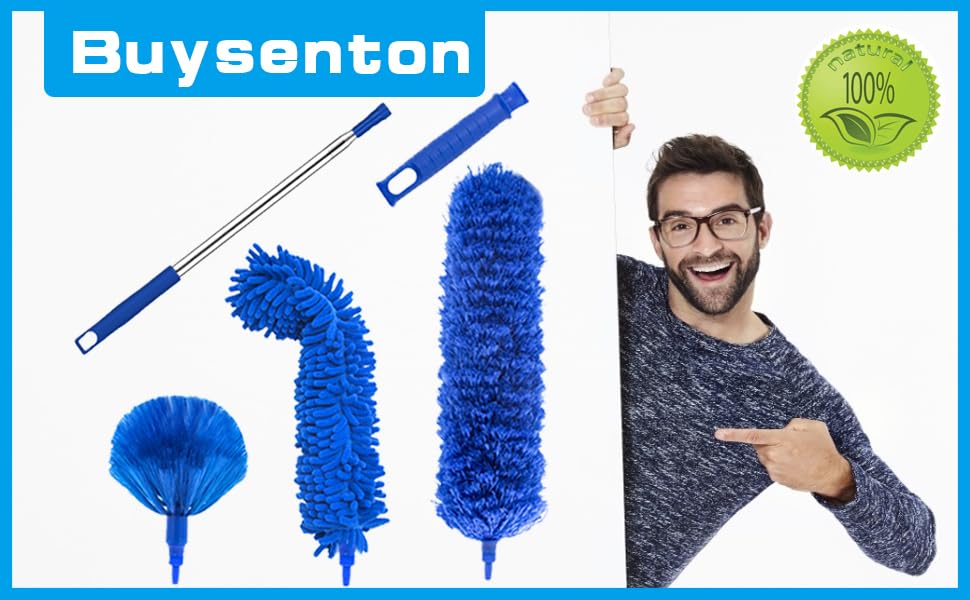 Buysenton Cobweb Duster with Extension Pole, Washable Cleaning Duster Kit with 3 Duster Heads, Cobweb Duster, Corner Brush, 15-100 Inch Long Aluminum Telescoping Pole for Ceiling Fan (Blue)