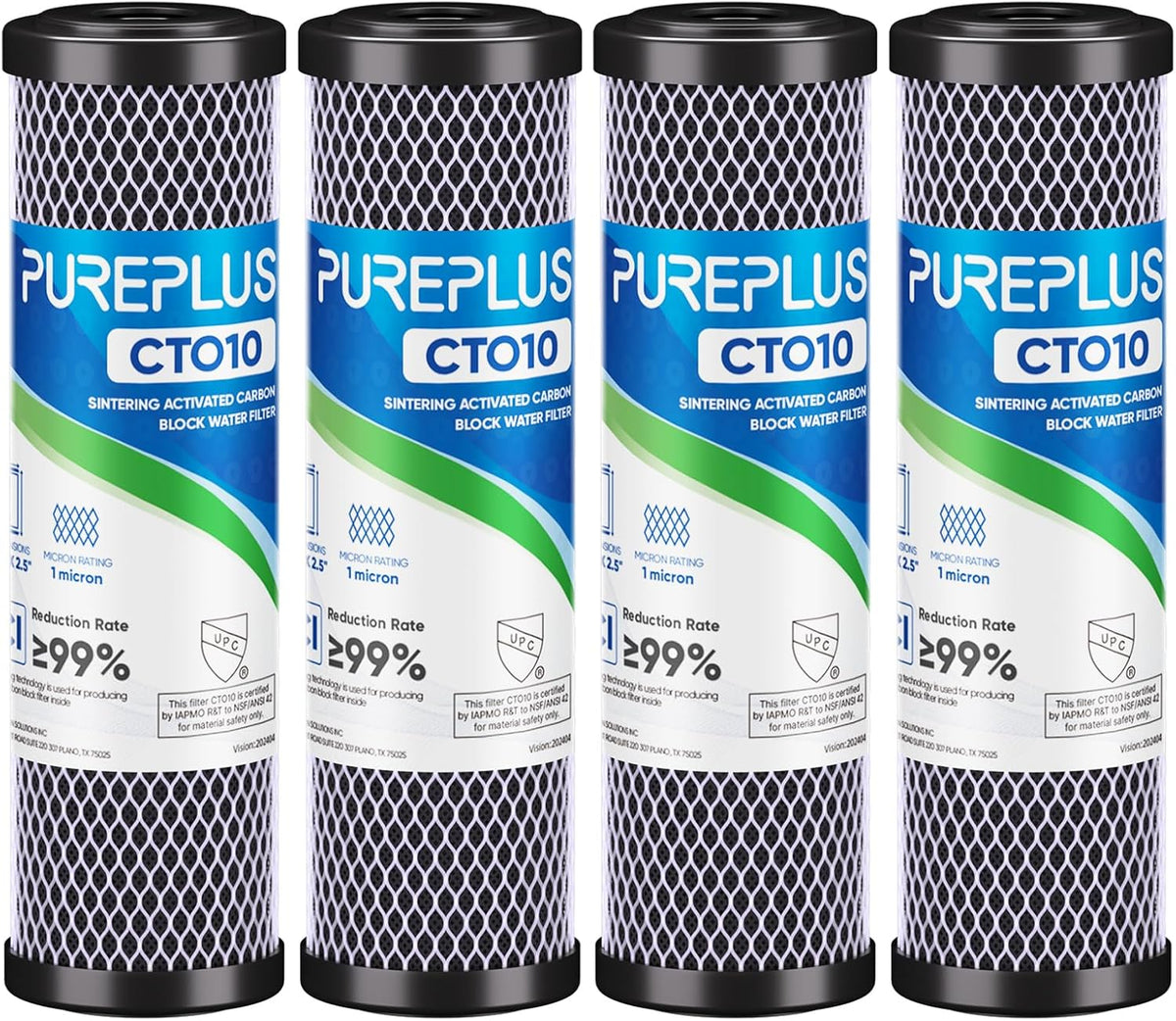 PUREPLUS 1 Micron 2.5" x 10" Whole House CTO Carbon Water Filter,4 PACK