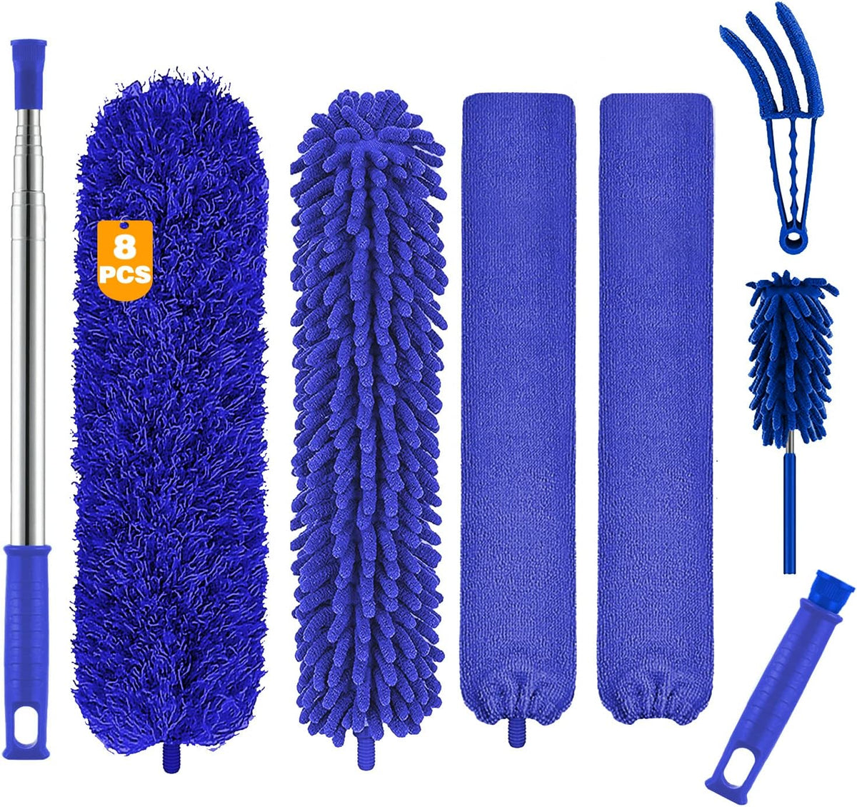 Buysenton Cobweb Duster with Extension Pole, Washable Cleaning Duster Kit with 3 Duster Heads, Cobweb Duster, Corner Brush, 15-100 Inch Long Aluminum Telescoping Pole for Ceiling Fan (Blue)