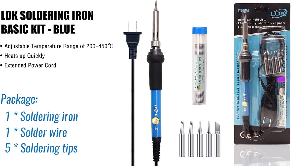 LDK Soldering Iron Kit Electric 60W 110V Adjustable Temperature Soldering Gun Welding Tools, 5pcs Replacement Tips and Solder Wire (Basic)