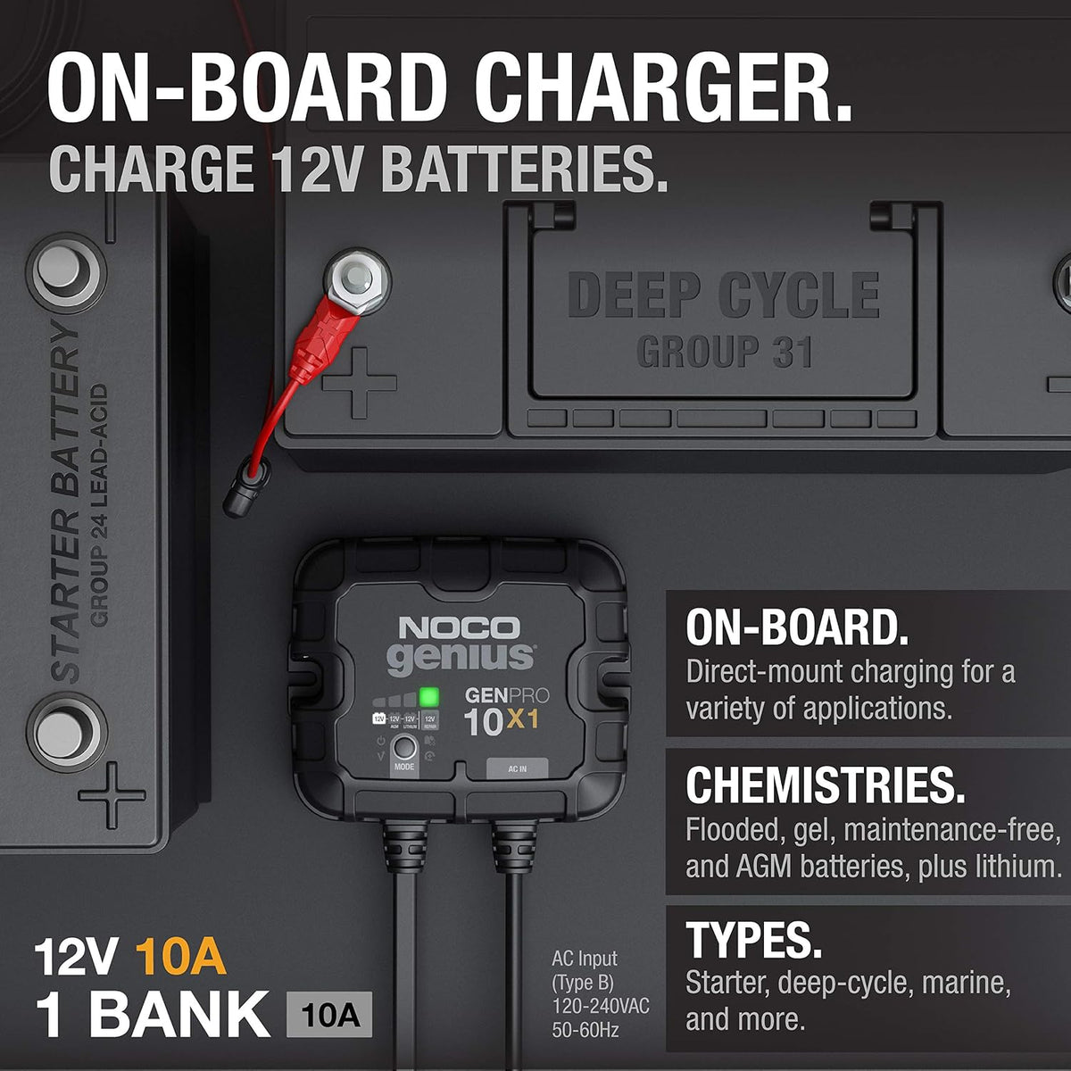 NOCO GENPRO10X1 12V 10A 1-Bank OnBoard Marine Battery Charger & Maintainer