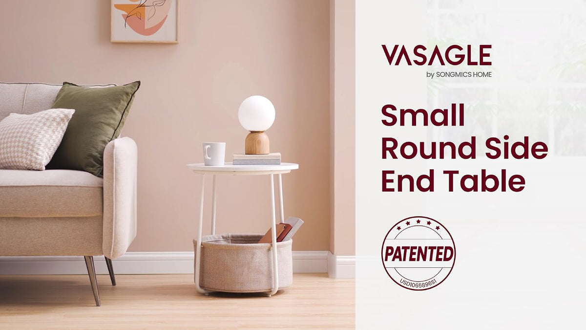 VASAGLE Small Round Side End Table, Small Nightstand with Fabric Basket