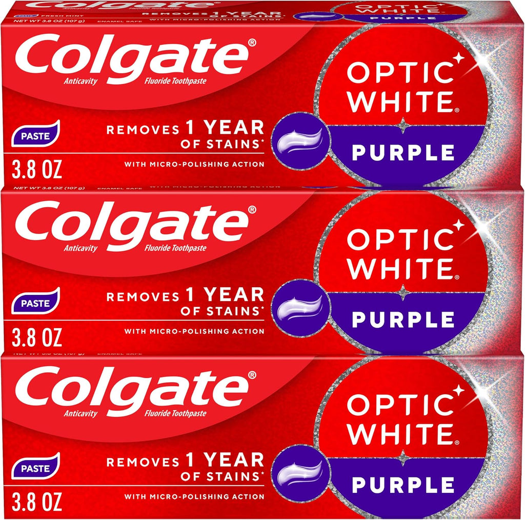 Colgate Optic White Purple Toothpaste with Fluoride, 3 Pack, 3.8 oz