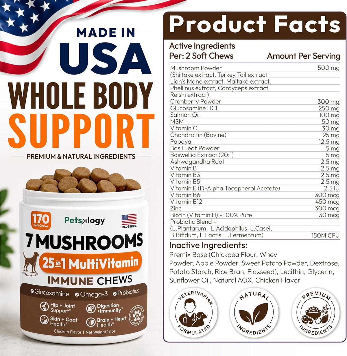 Turkey Tail Mushroom for Dogs - 170 Chews - Lion's Mane, Shiitake & Reishi