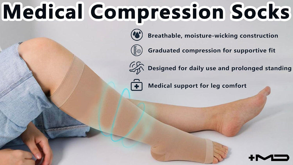 +MD 2 Pairs 20-30 mmHg Compression Socks for Women & Men, Knee High Open Toe Stockings, Graduated Support & Comfort Hose