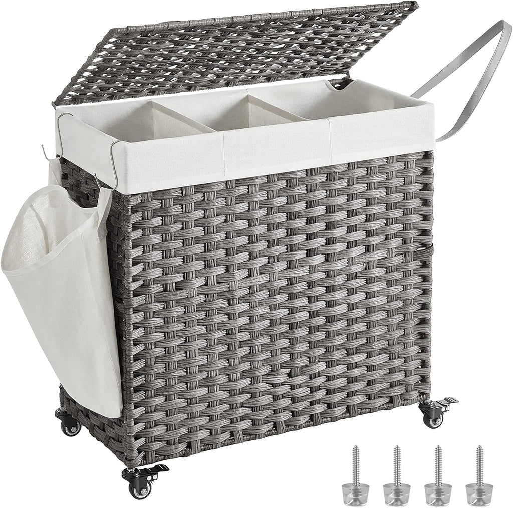 SONGMICS Rolling Laundry Hamper with Lid, 160 L 3-Section Synthetic Rattan