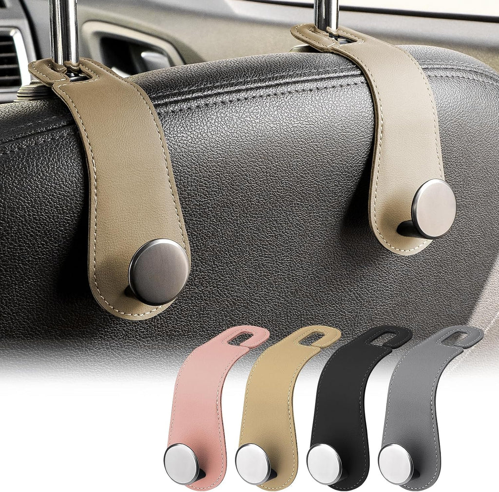 2 Pack Car Headrest Hooks Leather & Alloy Car Seat Storage Hangers, Black