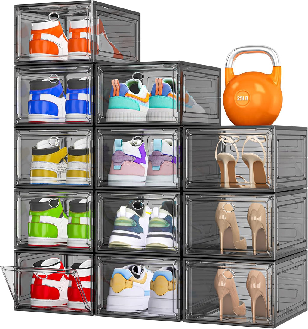 Sturdy Clear Shoe Organizer with Magnetic Door, Stackable Shoe Storage Box