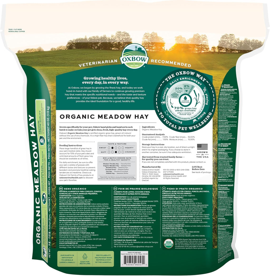 Oxbow Organic Meadow Hay, Rabbit & Guinea Pig Hay, High Fiber, 40 oz