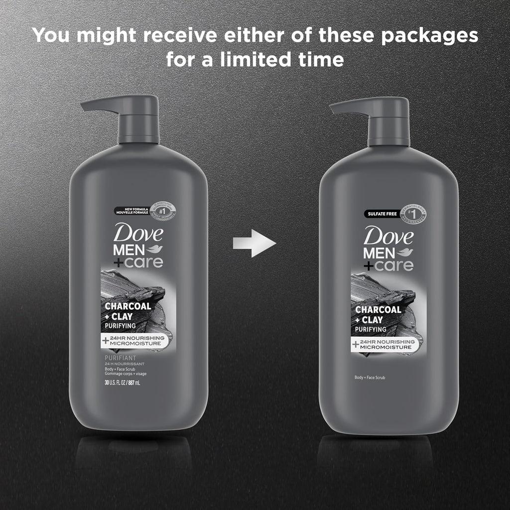 DOVE MEN + CARE Body and Face Scrub, Charcoal Body Wash, 30 oz