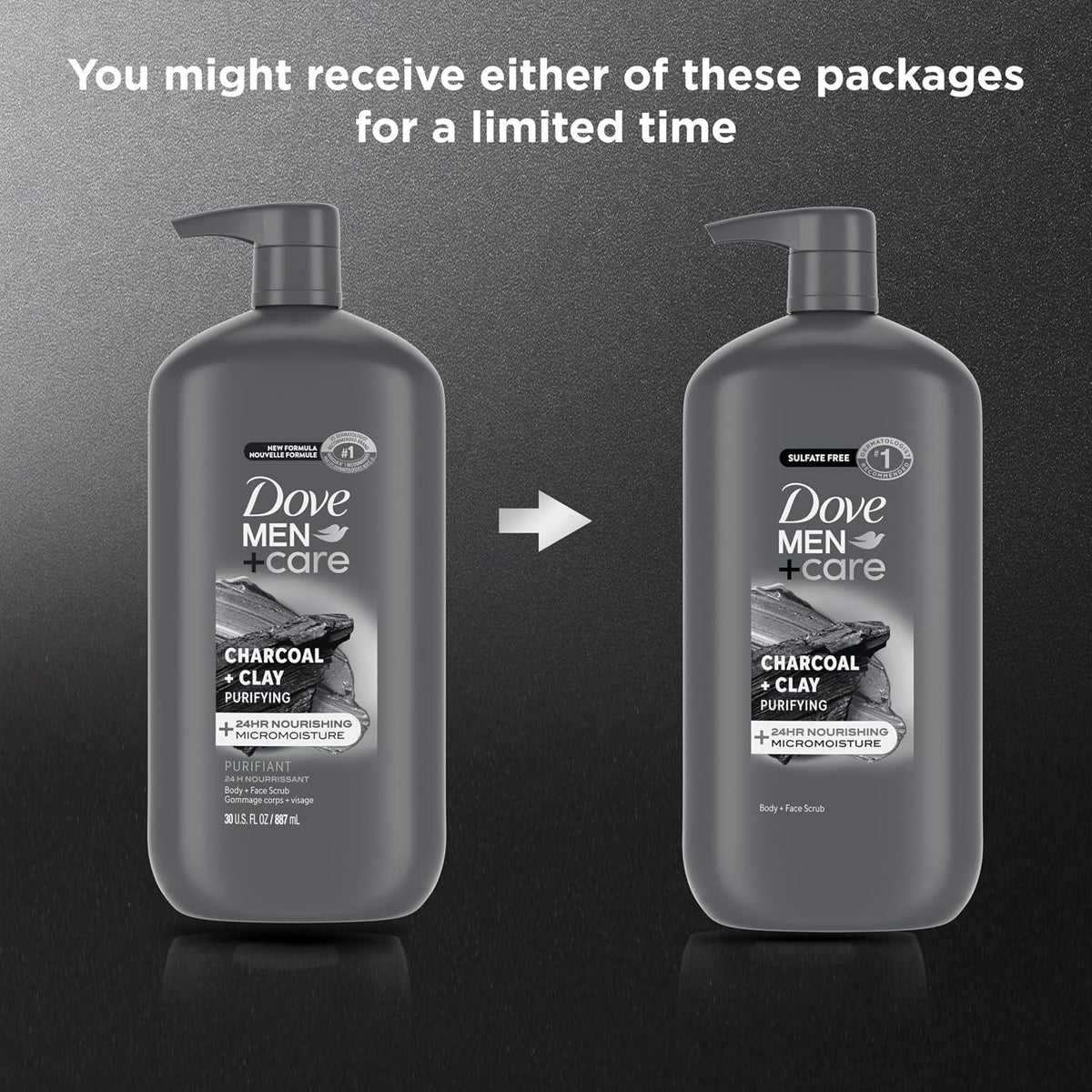 DOVE MEN + CARE Body and Face Scrub, Charcoal Body Wash, 30 oz
