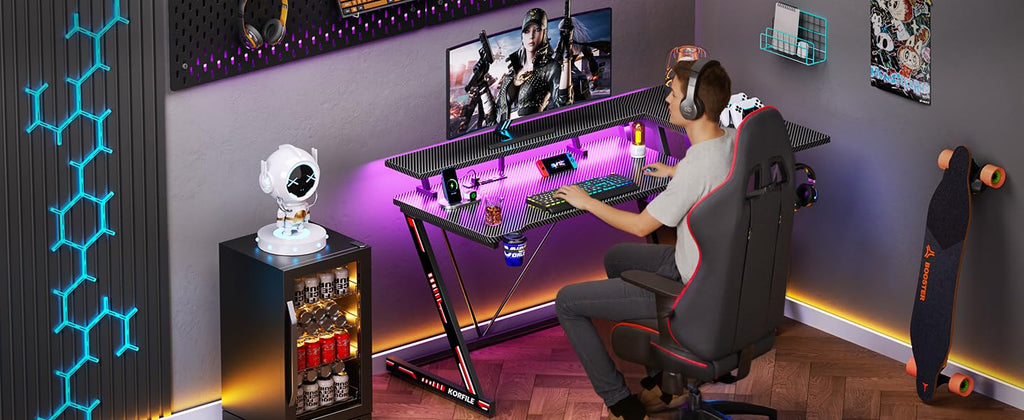 Korfile 40 Inch Gaming Desk with Power Outlet, LED, Carbon Fiber Black