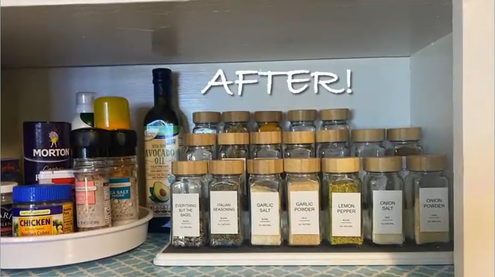 Glass Spice Jars with Bamboo Lid & 398 Label for Cabinet & Drawer Organizer