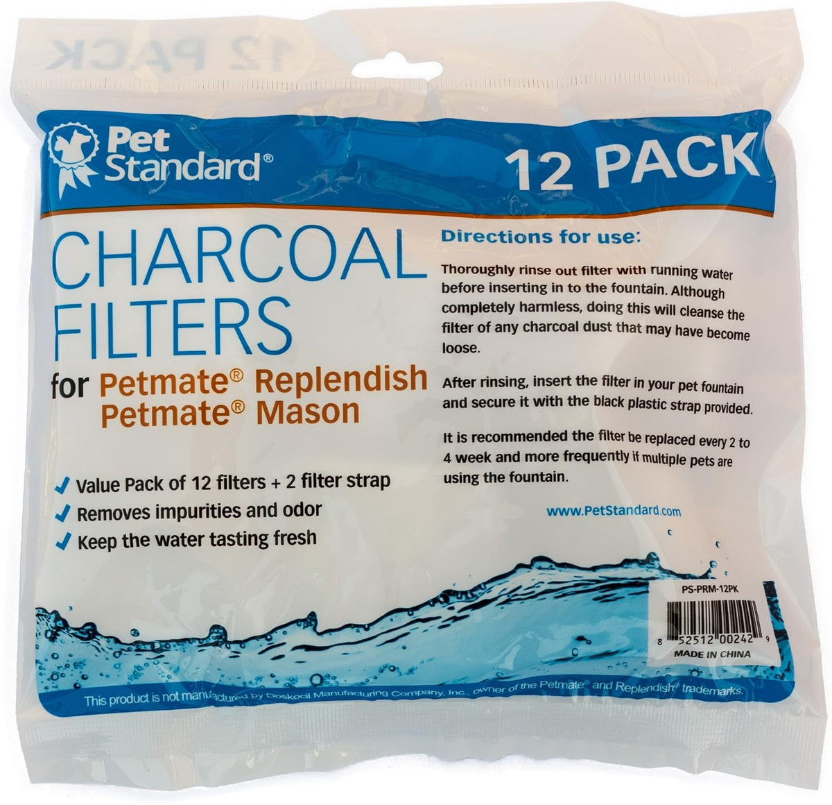 PET Standard Charcoal Filters for Petmate Replendish & Mason, 12-Pack