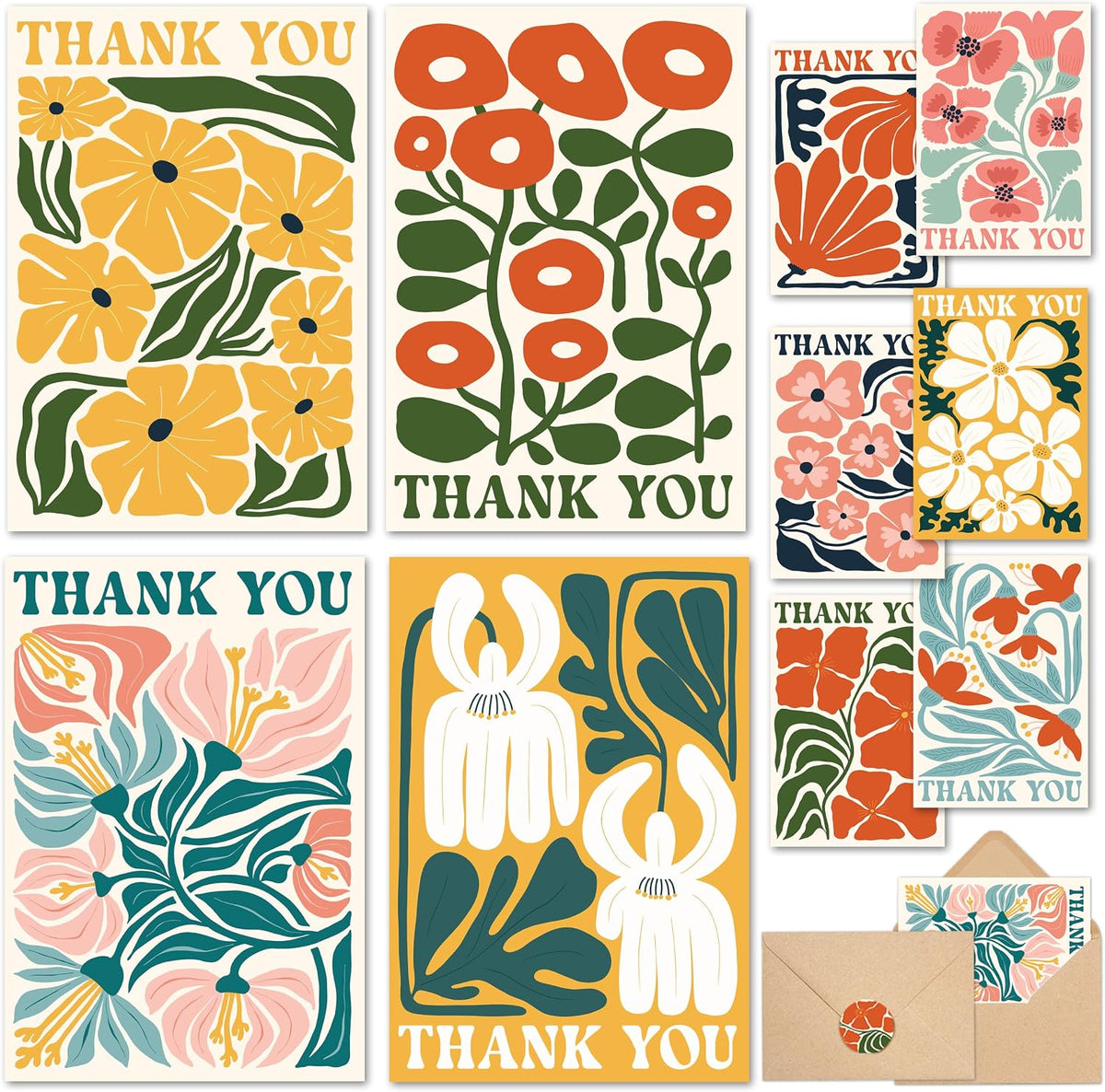 AUDREE Thank You Cards with Envelopes, Modern Abstract Flowers 50 Pack