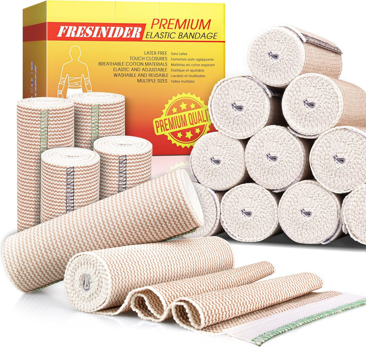 FRESINIDER Premium Elastic Bandage Wrap 4 Inch, 6 Pack, Hook and Loop