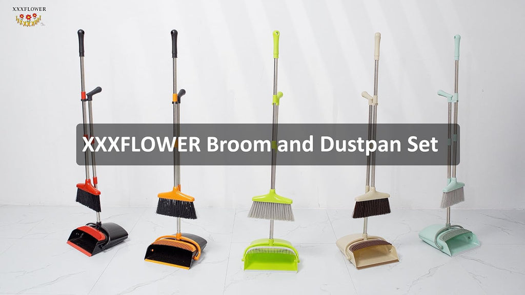 XXXFLOWER Broom and Dustpan Set with Cleaning Teeth, 54.5" Long Handle Indoor Sweeping Combo for Home Office Kitchen, Bluish Green