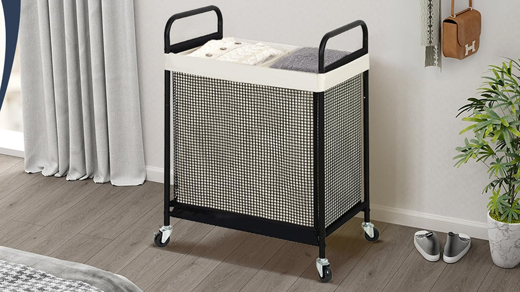 STO STO Laundry Hamper 2 Section, 100L Rolling Laundry Sorter Cart with Removable and Washable Liner Bag, Clothes Hamper with Wheels and Metal Handle for Laundry Room and Bedroom