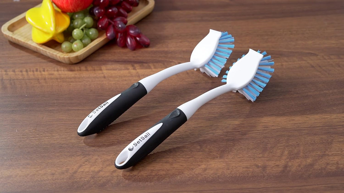 SetSail Dish Brush with Handle, 2 Pack Stiff Bristles Dish Scrubber with Built-in Scraper Dish Scrub Brushes for Cleaning Dishes, Pots and Pans, Kitchen Sink