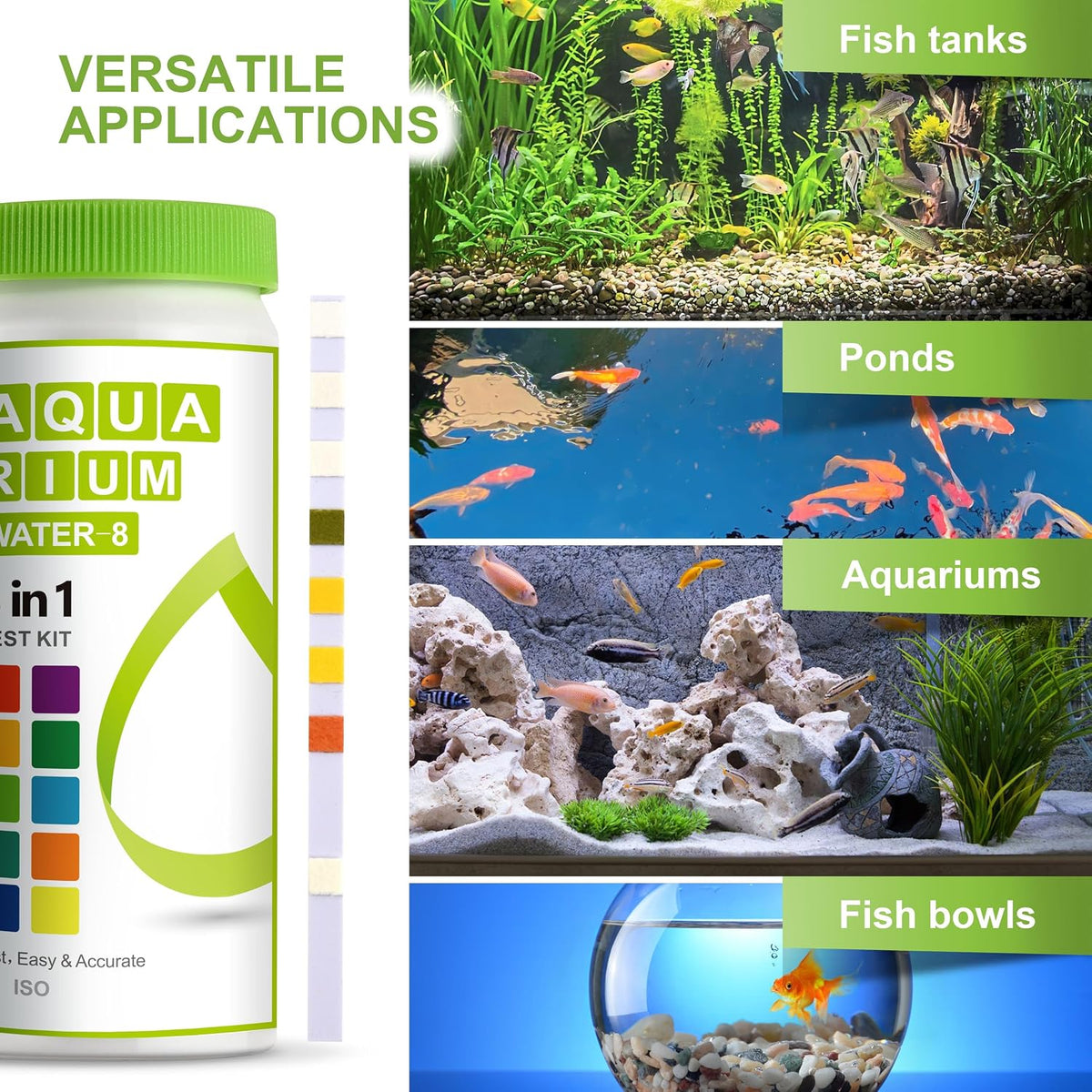 AAwipes 8-in-1 Aquarium Test Kit for Fish Tanks - Quick & Accurate Water Testing Strips for Aquariums & Ponds. Tests pH, Ammonia, Alkalinity, Hardness, Chlorine, etc. (K02-50)