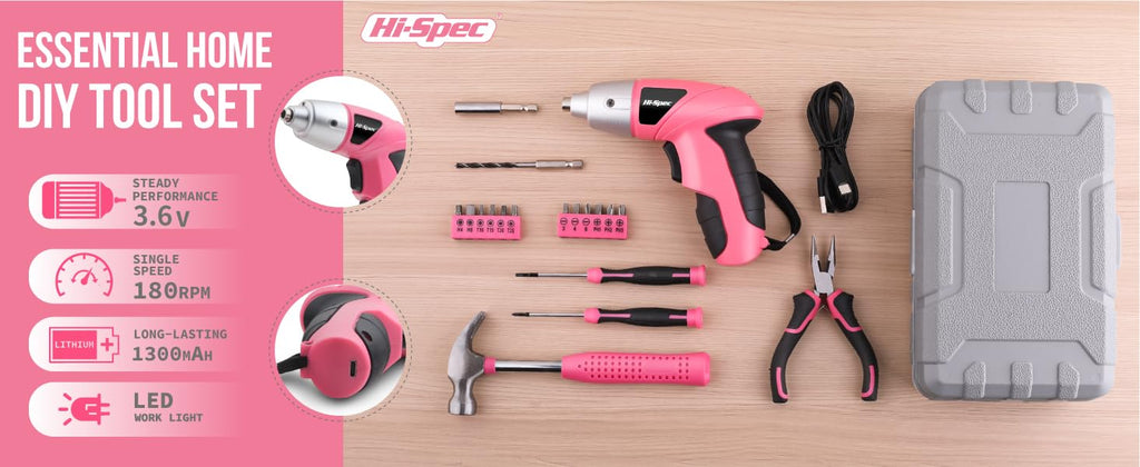 Hi-Spec 3.6V Cordless Electric Screwdriver and Tool Kit for DIY, Pink