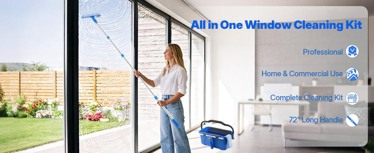 Window Cleaning Kit with Bucket, Squeegee and Scrubber for Home, Commercial